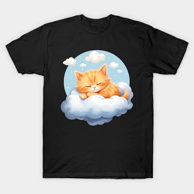 Sleepy Cat Dreams: Cartoon Cute Orange Kitty on Cloud T-Shirt by YUED